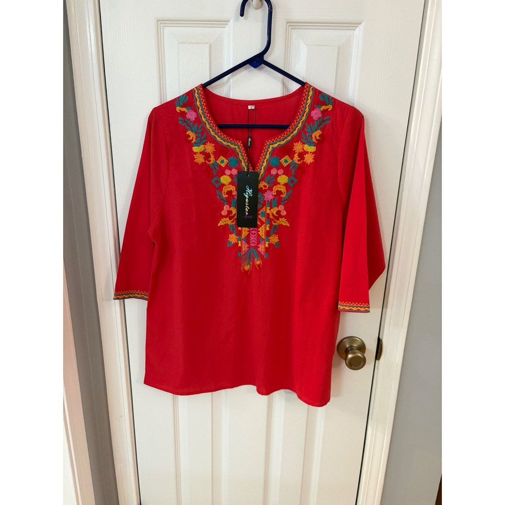 Higustar Embroidered Tunic Women S Red Floral Boho Notched V-Neck 3/4 Sleeve